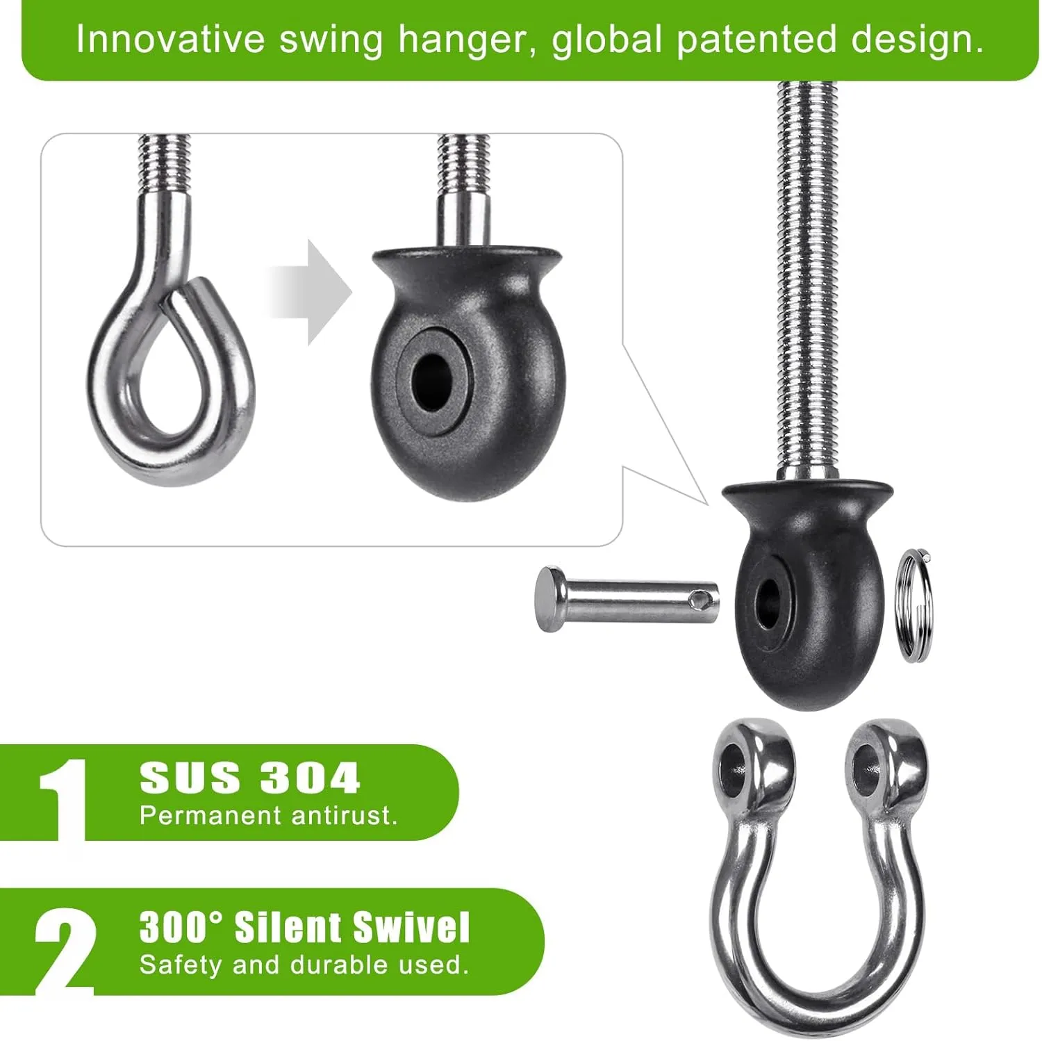 Dolibest Heavy Duty Swing Hangers, Stainless Steel 304 Swing Bolts, 180° Swing, Perfect for Playground, Porch, Yoga, Hammock Chair, Punching Bag - for Wood and Steel Beams, 7.67'' (4Pack)