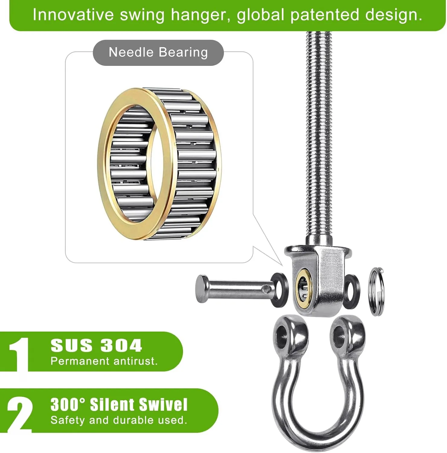 Dolibest Swing Hangers with Bearing - 4 Pack Stainless Steel 304 Hardware Hooks for Wood & Metal Beams, Ideal for Hanging Hammocks, Yoga Swings, Porch Swing, Boxing Bag 1500 LB Capacity - 5'' x M2/5''