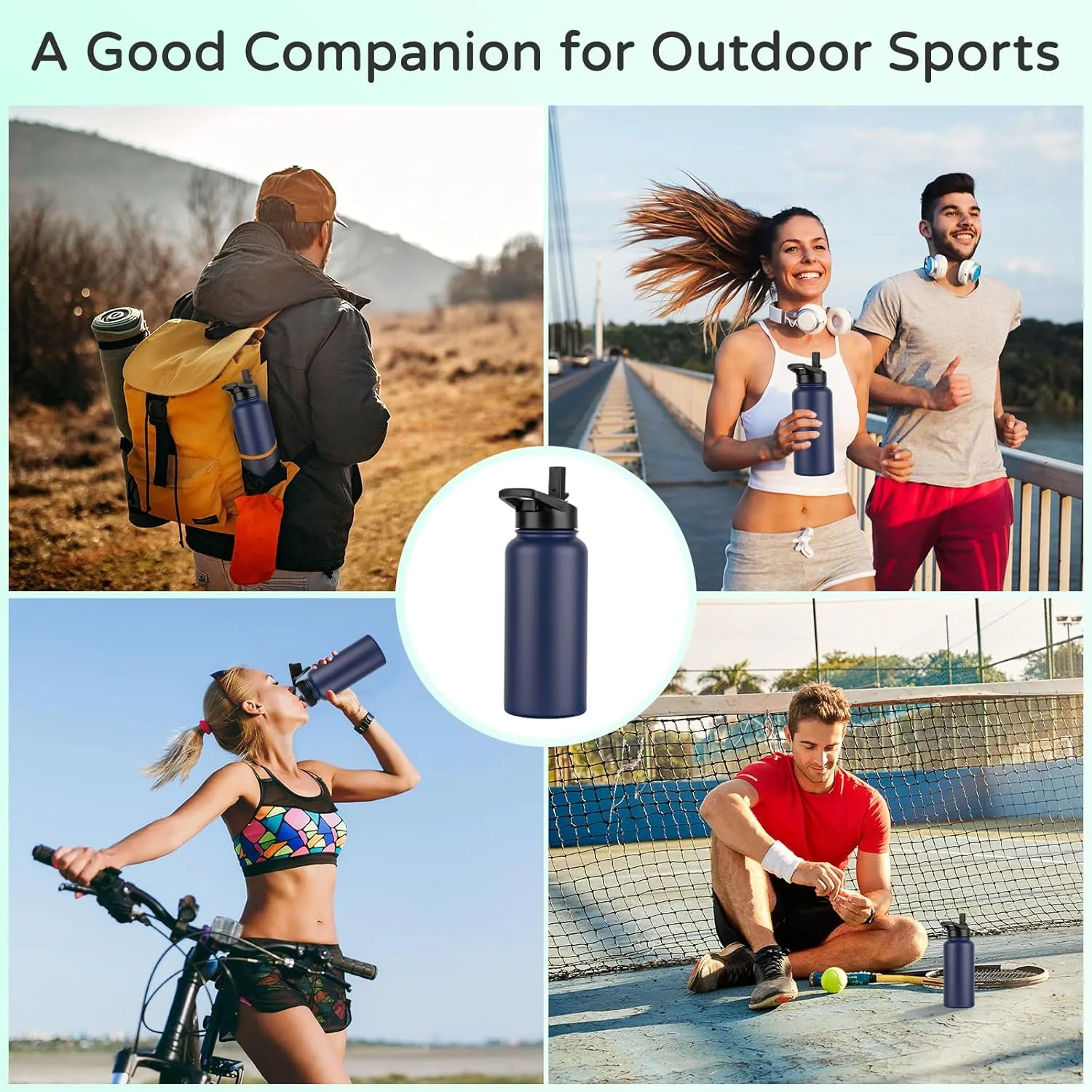 DOMICARE 32 oz Insulated Water Bottle Bulk, Vacuum Insulated Stainless Steel Sports Water Bottle with Straw Lid & Spout Lid, Leakproof, Reusable - Travel, Camping, Bike, Navy Blue (4 Pack)