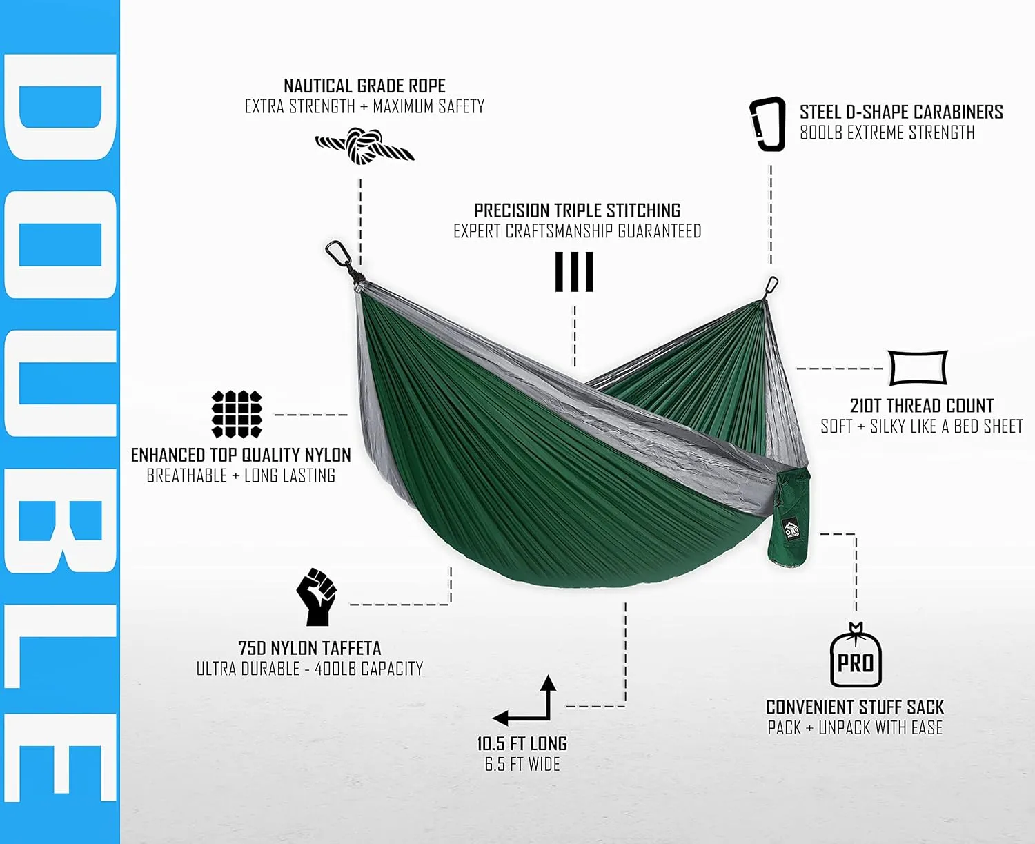 Double Camping Hammock - 10.5 x 6.5 FT (9ft Tree Straps, 2 Carabiners) - 2 Person, Portable, Lightweight Parachute Nylon 210T Hammocks - for Backpacking, Travel, Hiking, Patio (Double)…