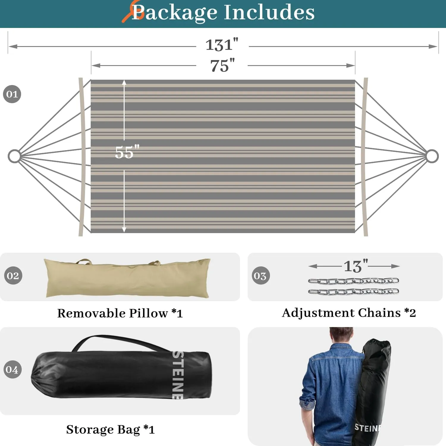 Double Hammock, 11 FT Quilted Fabric 2 Person Hammock for Outside with Pillow, Folding Curved Spreader Bar, Chains, Carrying Bag, Indoor Outdoor, 450 IB Capacity, BlueLeaves