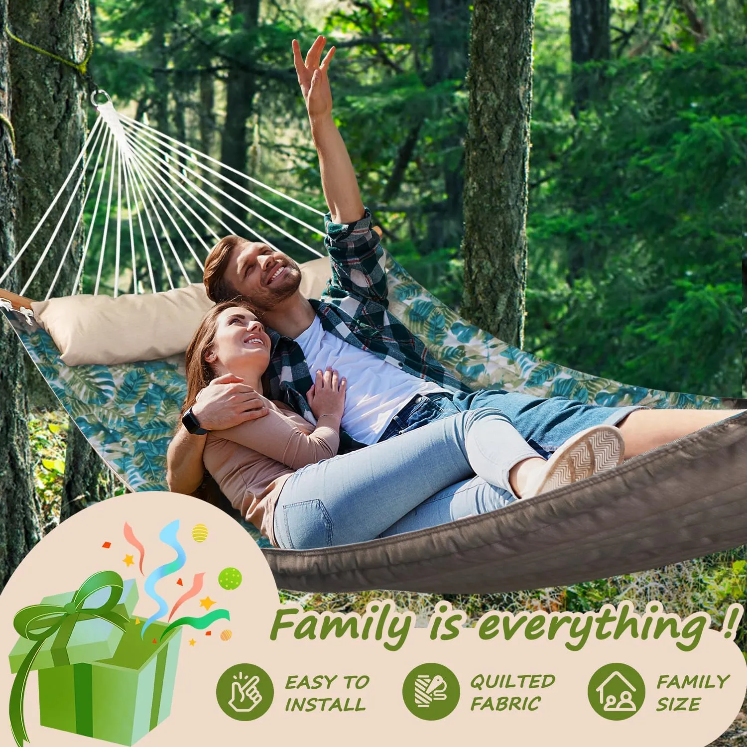 Double Hammock, 11 FT Quilted Fabric 2 Person Hammock for Outside with Pillow, Folding Curved Spreader Bar, Chains, Carrying Bag, Indoor Outdoor, 450 IB Capacity, BlueLeaves