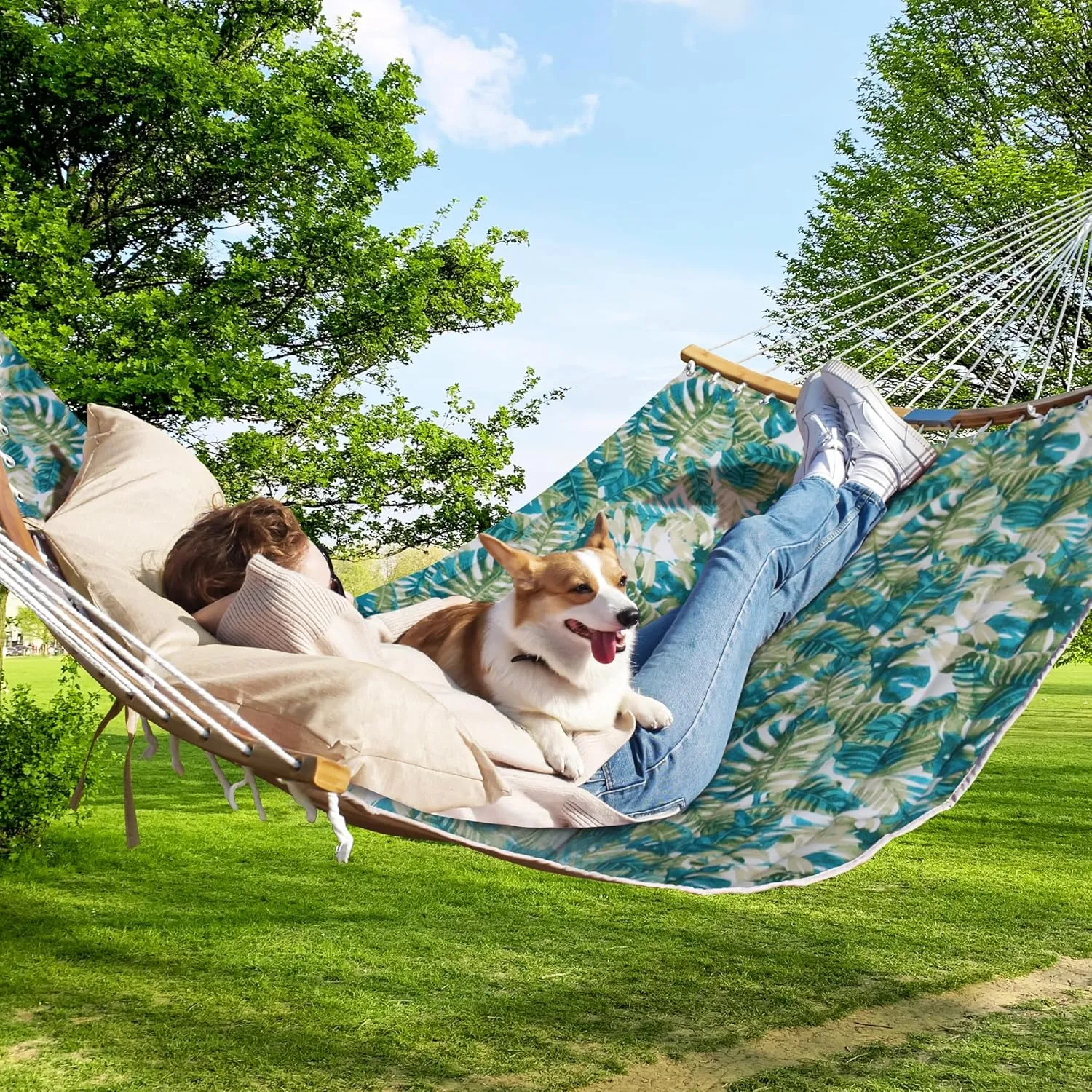 Double Hammock, 11 FT Quilted Fabric 2 Person Hammock for Outside with Pillow, Folding Curved Spreader Bar, Chains, Carrying Bag, Indoor Outdoor, 450 IB Capacity, BlueLeaves