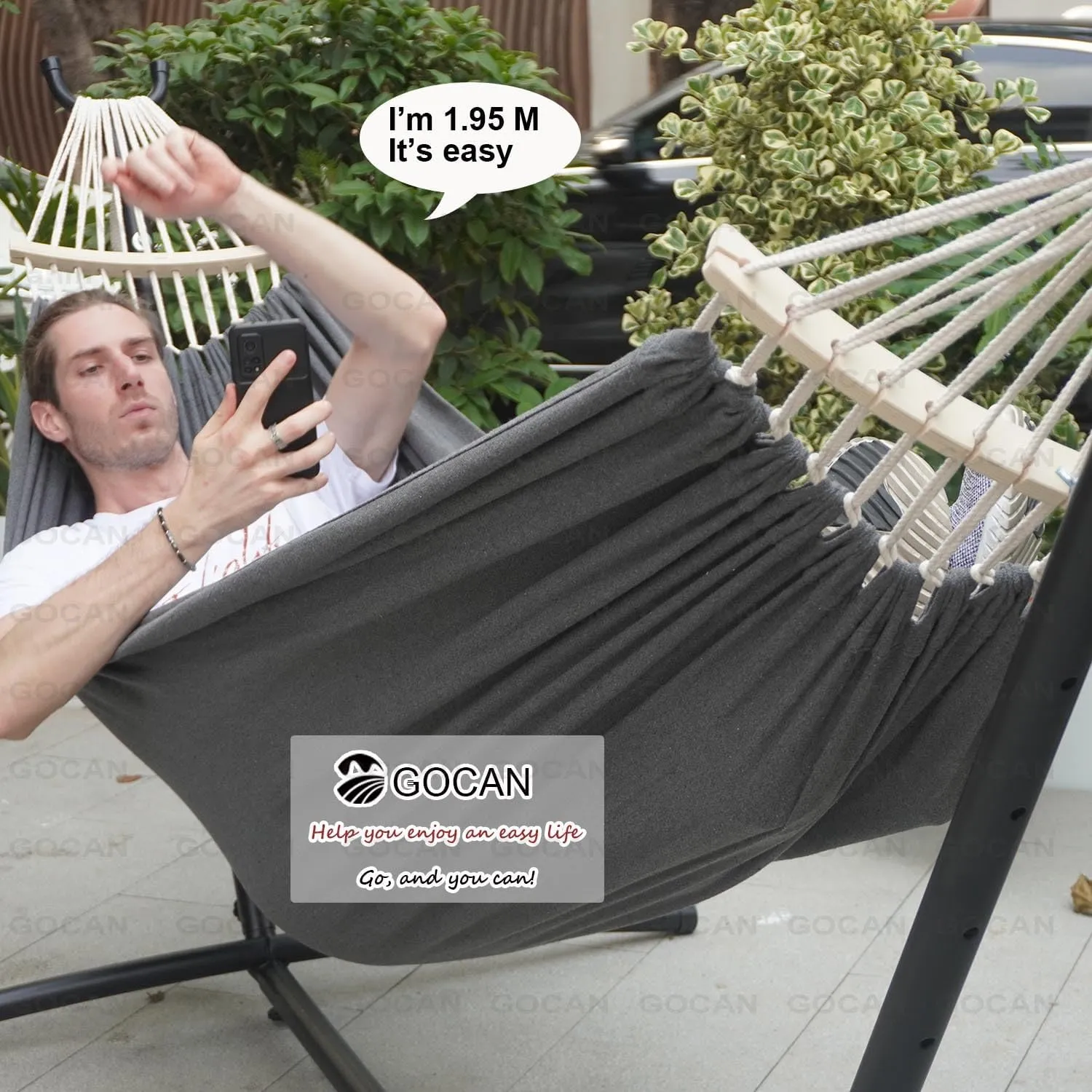 Double Hammock 2 Person Extra Large 220x150cm Total Length 330cm Load 500lb Canvas Cotton Hammock for Patio Porch Garden Backyard Lounging Outdoor and Indoor with Removable Spreader bar