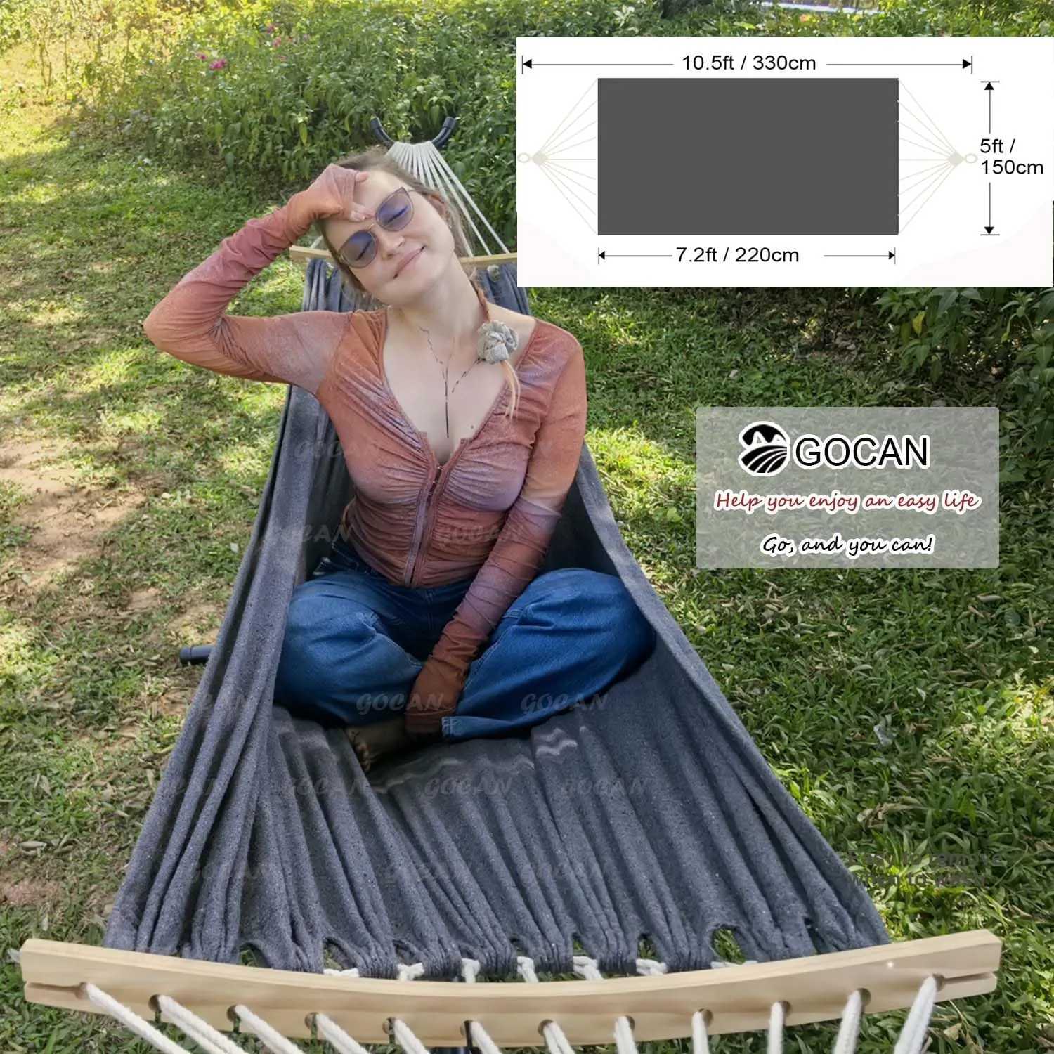 Double Hammock 2 Person Extra Large 220x150cm Total Length 330cm Load 500lb Canvas Cotton Hammock for Patio Porch Garden Backyard Lounging Outdoor and Indoor with Removable Spreader bar