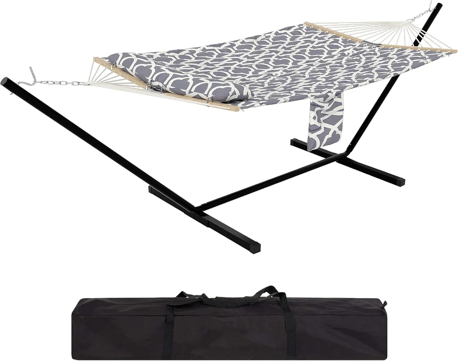 Double Hammock with Stand – 475LB Capacity Safety-Enhanced Outdoor w/Anti-Flips Spreader Bar & Quick-Dry Fabric | Backyard, Camping & Poolside Relaxation Hub​​(Stripe)