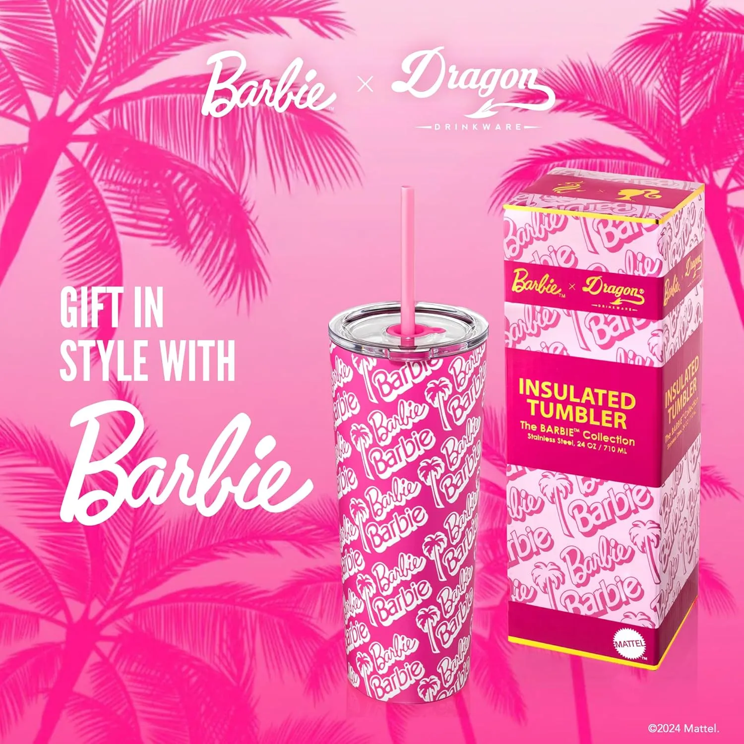 Dragon Glassware x Barbie 24 oz Insulated Stainless Steel Tumbler with Lid and 2 Straws - Travel Coffee Tumbler Cup to Keep Drinks Hot or Cold, Fits Cup Holders - Palm Trees