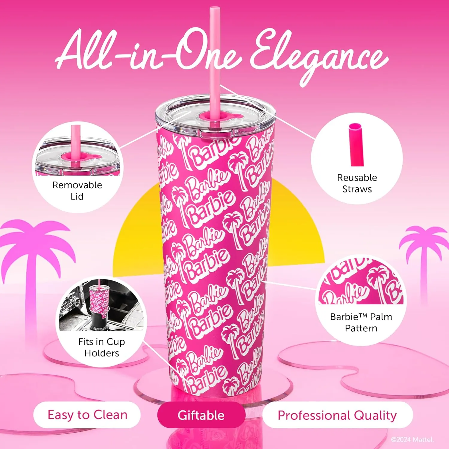 Dragon Glassware x Barbie 24 oz Insulated Stainless Steel Tumbler with Lid and 2 Straws - Travel Coffee Tumbler Cup to Keep Drinks Hot or Cold, Fits Cup Holders - Palm Trees