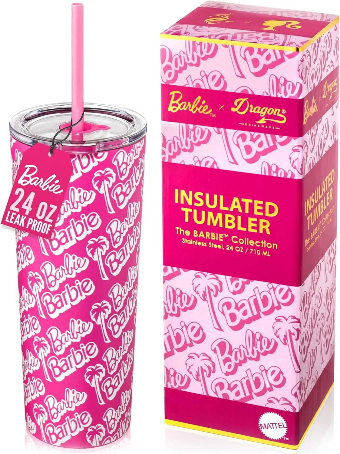 Dragon Glassware x Barbie 24 oz Insulated Stainless Steel Tumbler with Lid and 2 Straws - Travel Coffee Tumbler Cup to Keep Drinks Hot or Cold, Fits Cup Holders - Palm Trees
