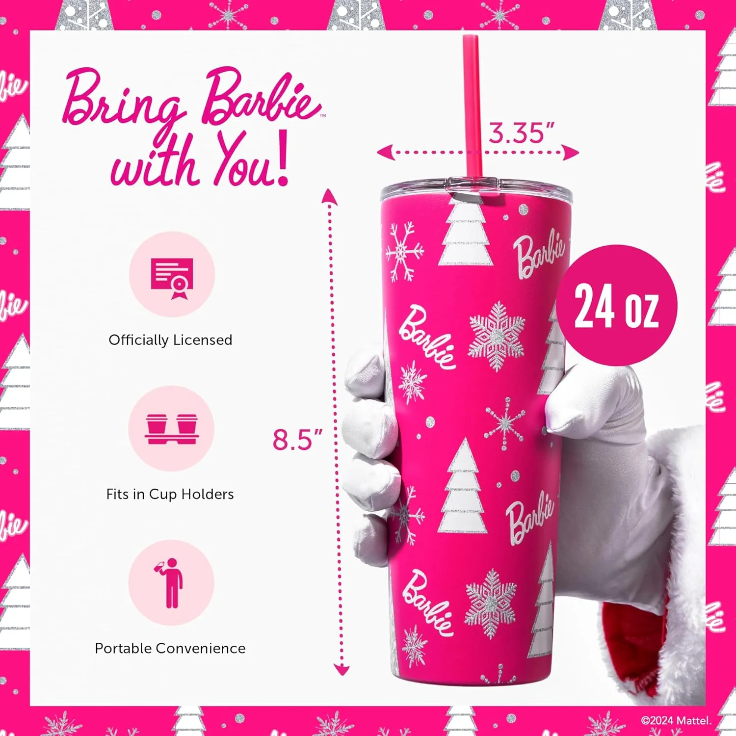 Dragon Glassware x Barbie Vacuum Insulated Stainless Steel Tumbler with Lid and Straw - Festive Holiday Travel Coffee Tumbler Cup to Keep Drinks Hot or Cold, Fits Cup Holders - Christmas Theme