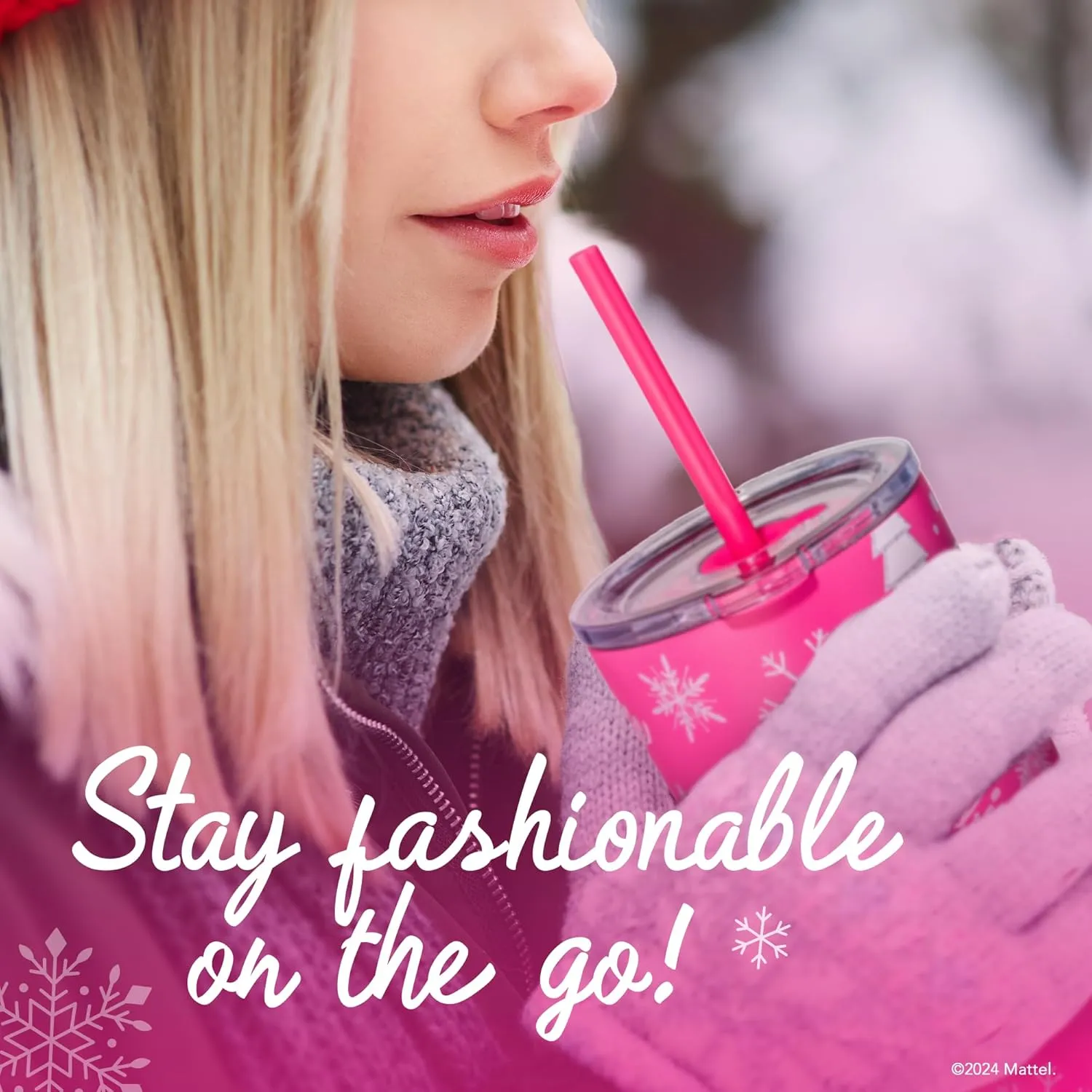 Dragon Glassware x Barbie Vacuum Insulated Stainless Steel Tumbler with Lid and Straw - Festive Holiday Travel Coffee Tumbler Cup to Keep Drinks Hot or Cold, Fits Cup Holders - Christmas Theme