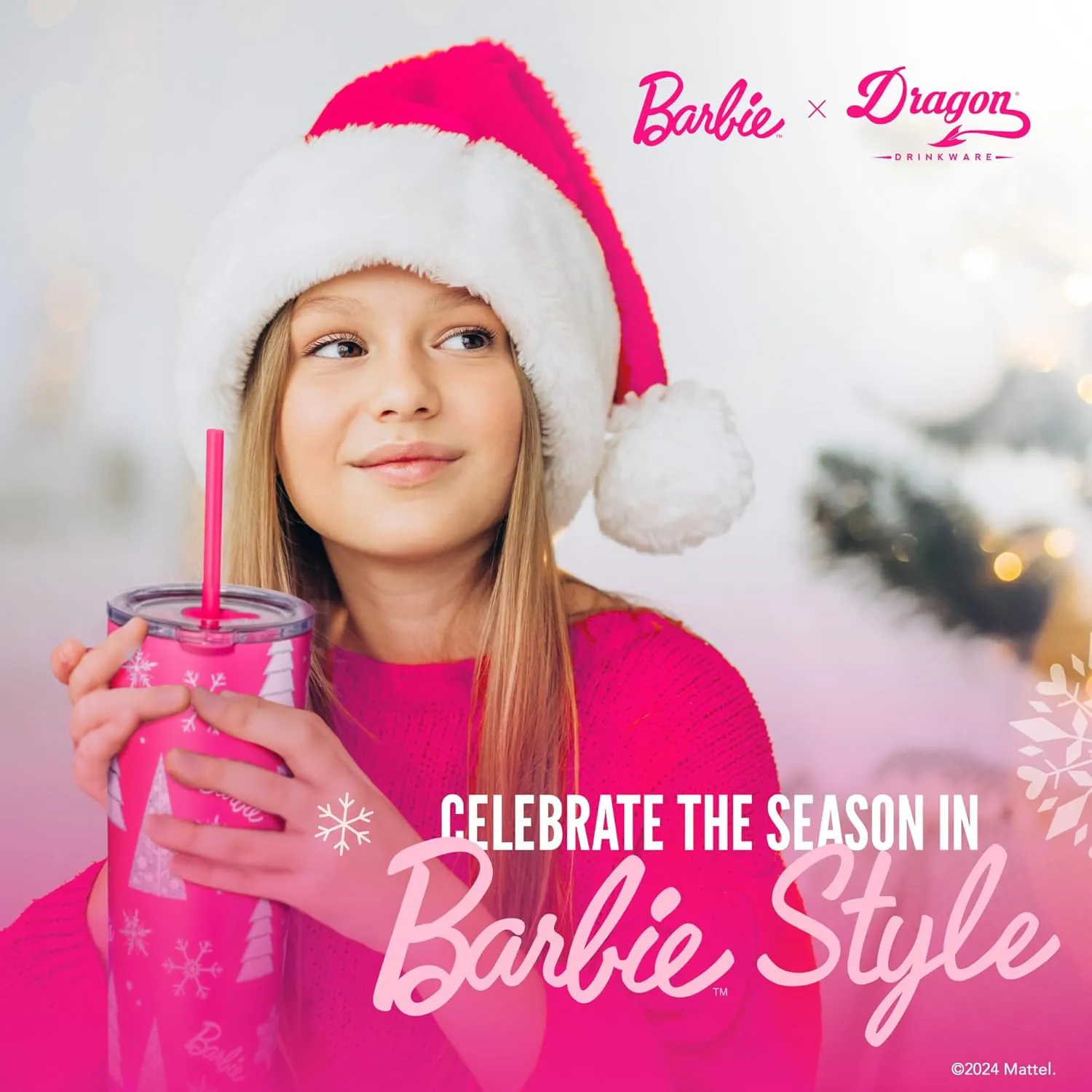 Dragon Glassware x Barbie Vacuum Insulated Stainless Steel Tumbler with Lid and Straw - Festive Holiday Travel Coffee Tumbler Cup to Keep Drinks Hot or Cold, Fits Cup Holders - Christmas Theme