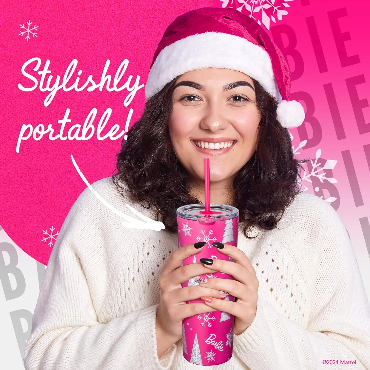 Dragon Glassware x Barbie Vacuum Insulated Stainless Steel Tumbler with Lid and Straw - Festive Holiday Travel Coffee Tumbler Cup to Keep Drinks Hot or Cold, Fits Cup Holders - Christmas Theme