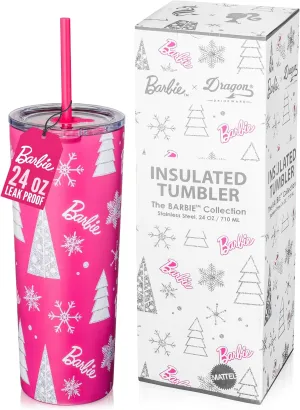 Dragon Glassware x Barbie Vacuum Insulated Stainless Steel Tumbler with Lid and Straw - Festive Holiday Travel Coffee Tumbler Cup to Keep Drinks Hot or Cold, Fits Cup Holders - Christmas Theme