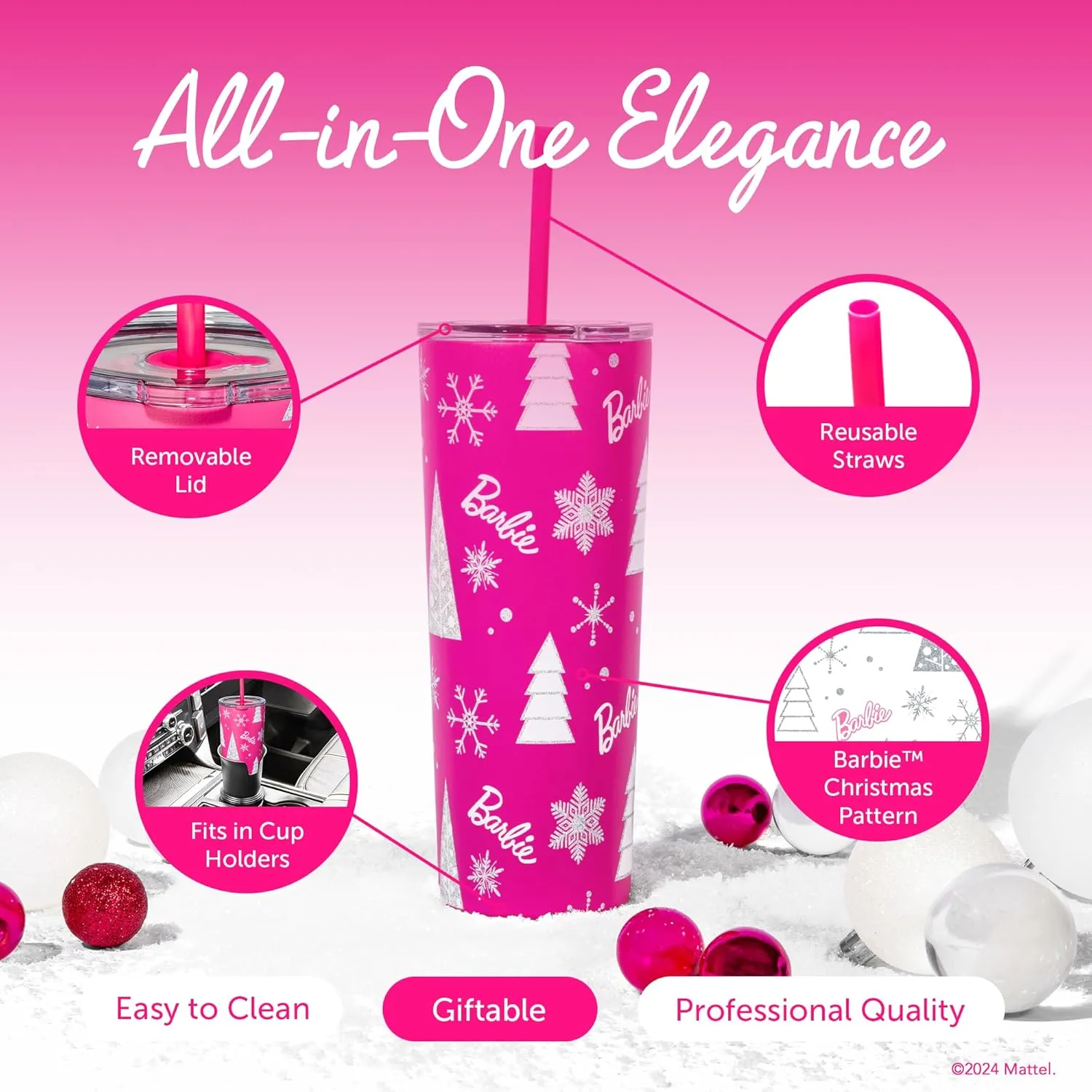 Dragon Glassware x Barbie Vacuum Insulated Stainless Steel Tumbler with Lid and Straw - Festive Holiday Travel Coffee Tumbler Cup to Keep Drinks Hot or Cold, Fits Cup Holders - Christmas Theme