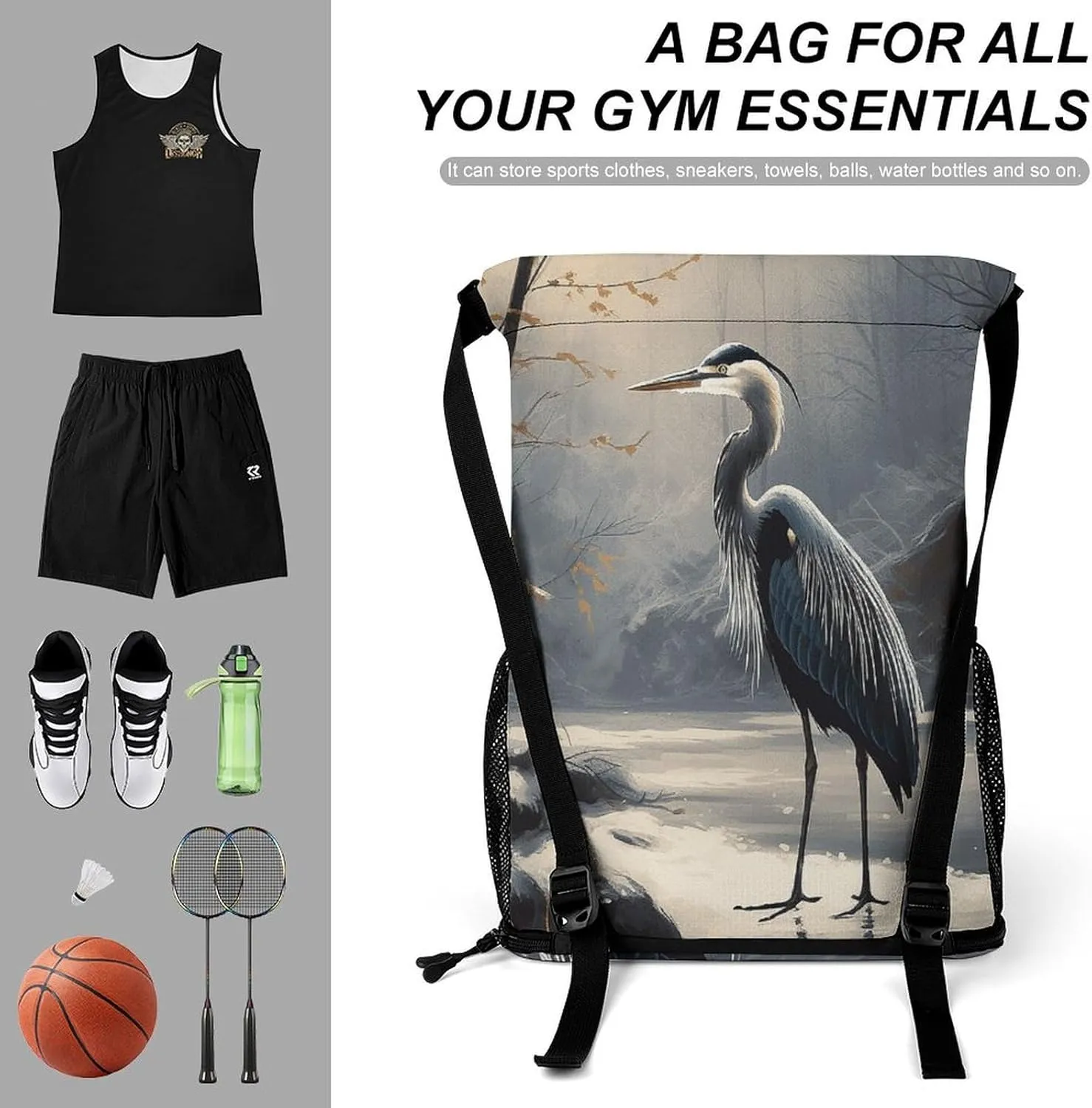 Drawstring Backpack Sport Gym Hand Drawn Bird Sackpack Bag With Side Pocket Resistant Sackpack for Women Men