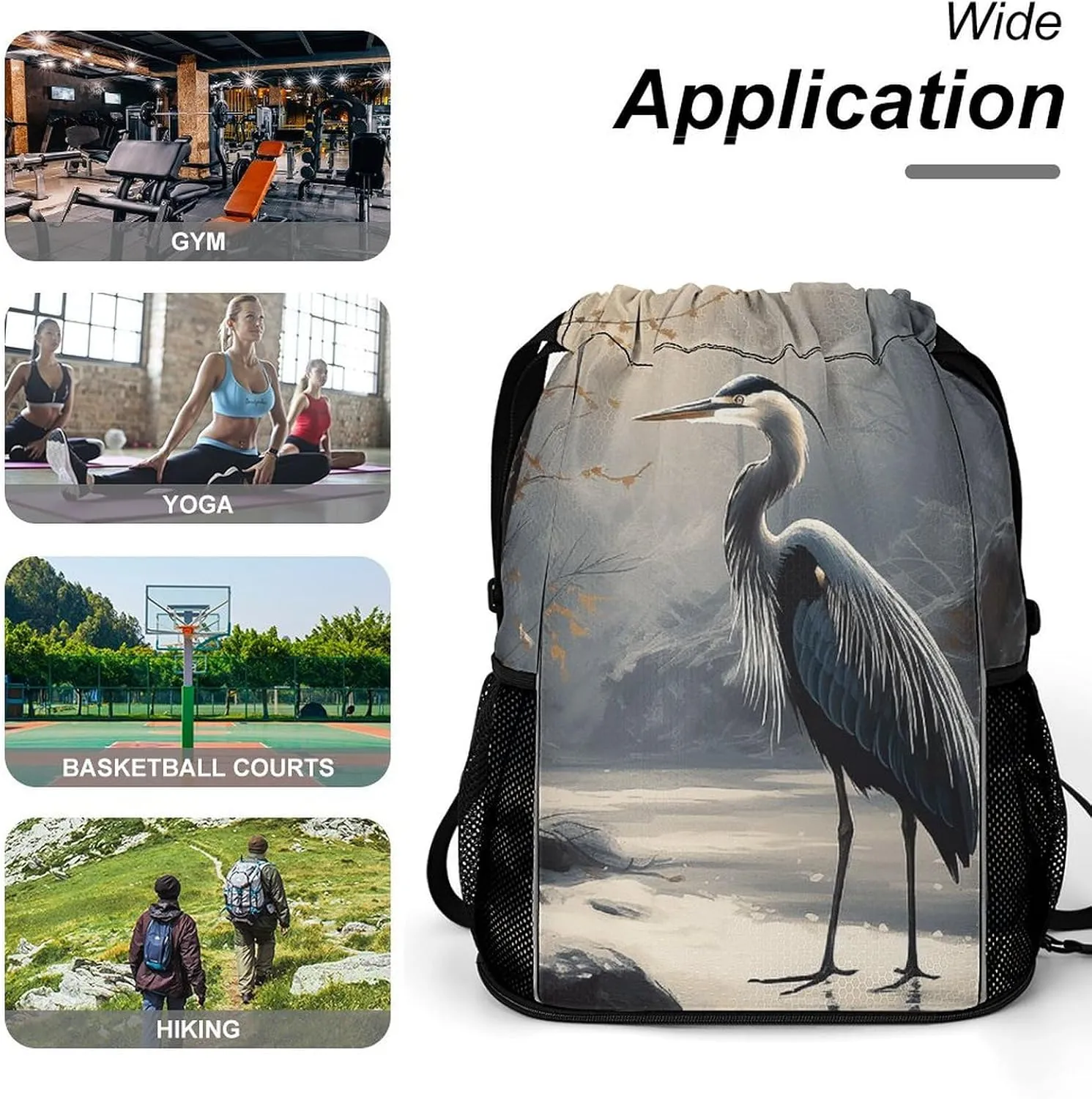 Drawstring Backpack Sport Gym Hand Drawn Bird Sackpack Bag With Side Pocket Resistant Sackpack for Women Men