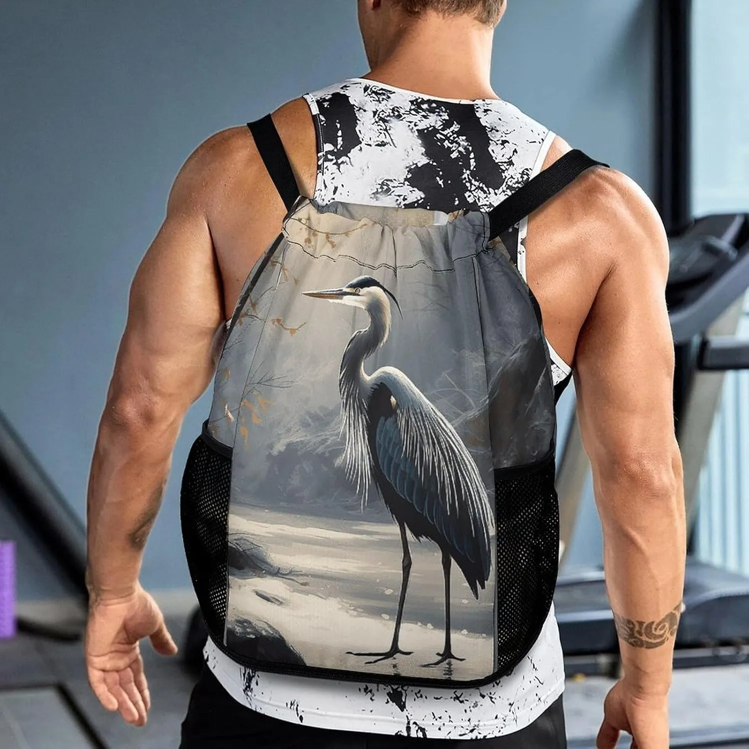 Drawstring Backpack Sport Gym Hand Drawn Bird Sackpack Bag With Side Pocket Resistant Sackpack for Women Men
