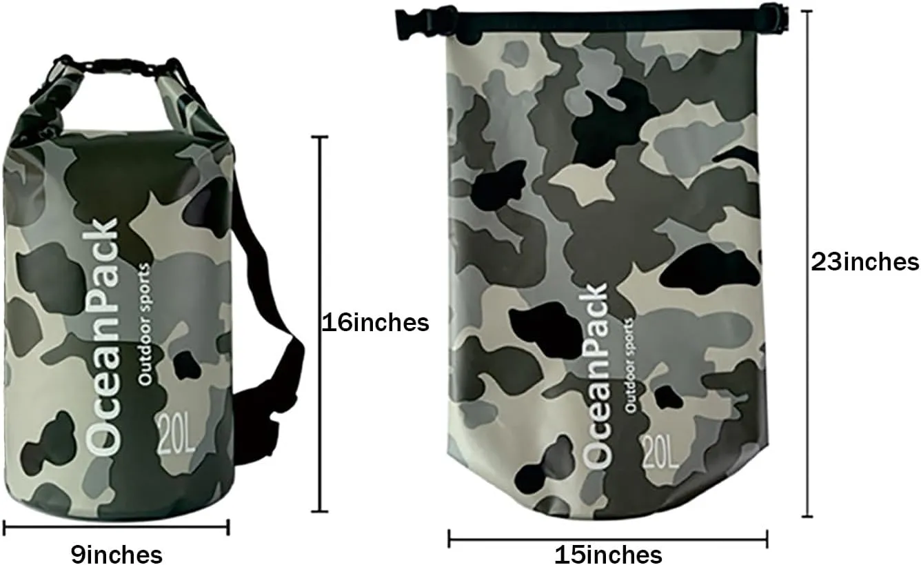Dry Bag Waterproof for Women, 5L/10L/20L Roll Top Lightweight Dry Storage Bag Backpack for Travel, Swimming, Boating, Kayaking, Camping & Beach (GRAY CAMO, 20L)