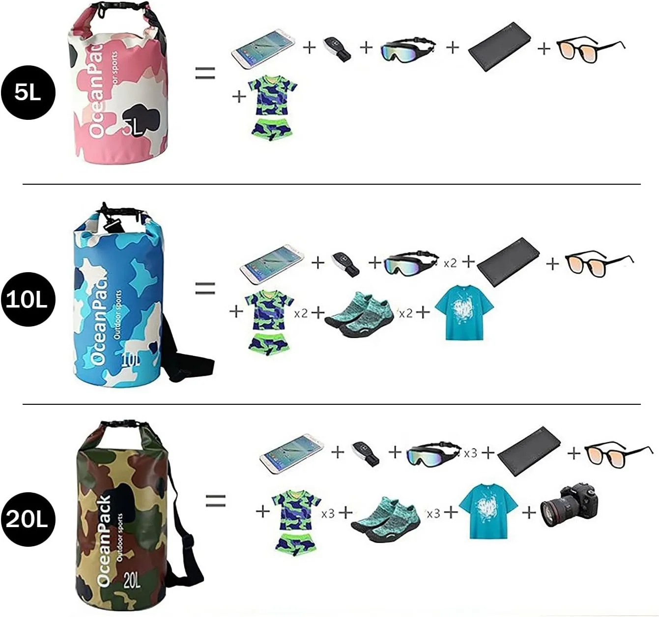 Dry Bag Waterproof for Women, 5L/10L/20L Roll Top Lightweight Dry Storage Bag Backpack for Travel, Swimming, Boating, Kayaking, Camping & Beach (GRAY CAMO, 20L)