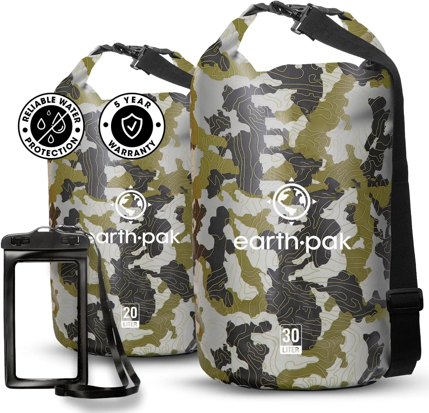 Earth Pak Waterproof Dry Bag - Roll Top Waterproof Backpack Sack (20L Camo & 30L Camo)