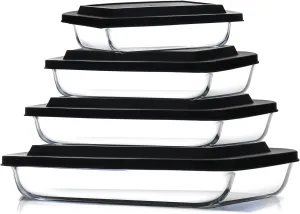 Eatex 8-Piece Deep Glass Casserole Dishes for Oven with Plastic Lids, Glass Baking Dishes for Oven, Rectangular Bakeware for Lasagna, Cooking, Leftovers, Kitchen, Freezer to Oven Dishwasher Safe
