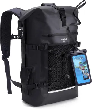 ECOHUB Waterproof Backpack for Women Men, 30L Roll-Top Closure Heavy Duty Dry Bag for Travel Kayaking Boating Hiking Floating with IPX8 Waterproof Phone Case (Black)
