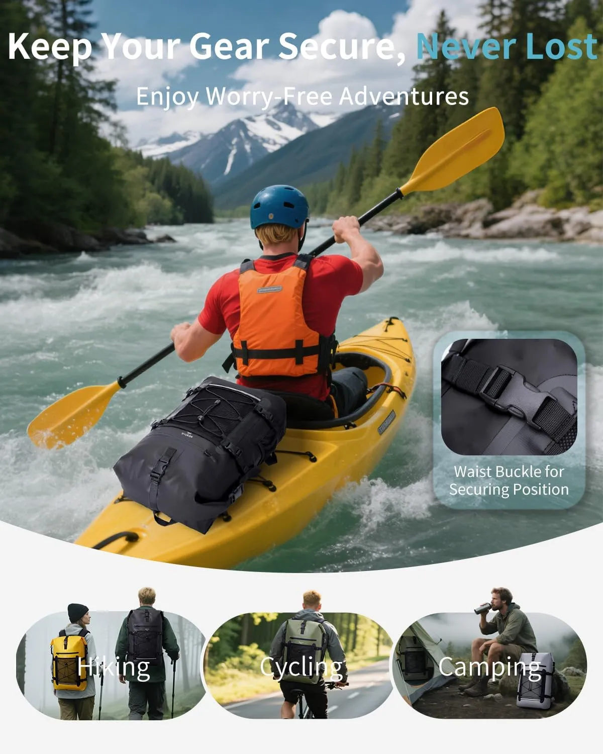 ECOHUB Waterproof Backpack for Women Men, 30L Roll-Top Closure Heavy Duty Dry Bag for Travel Kayaking Boating Hiking Floating with IPX8 Waterproof Phone Case (Black)