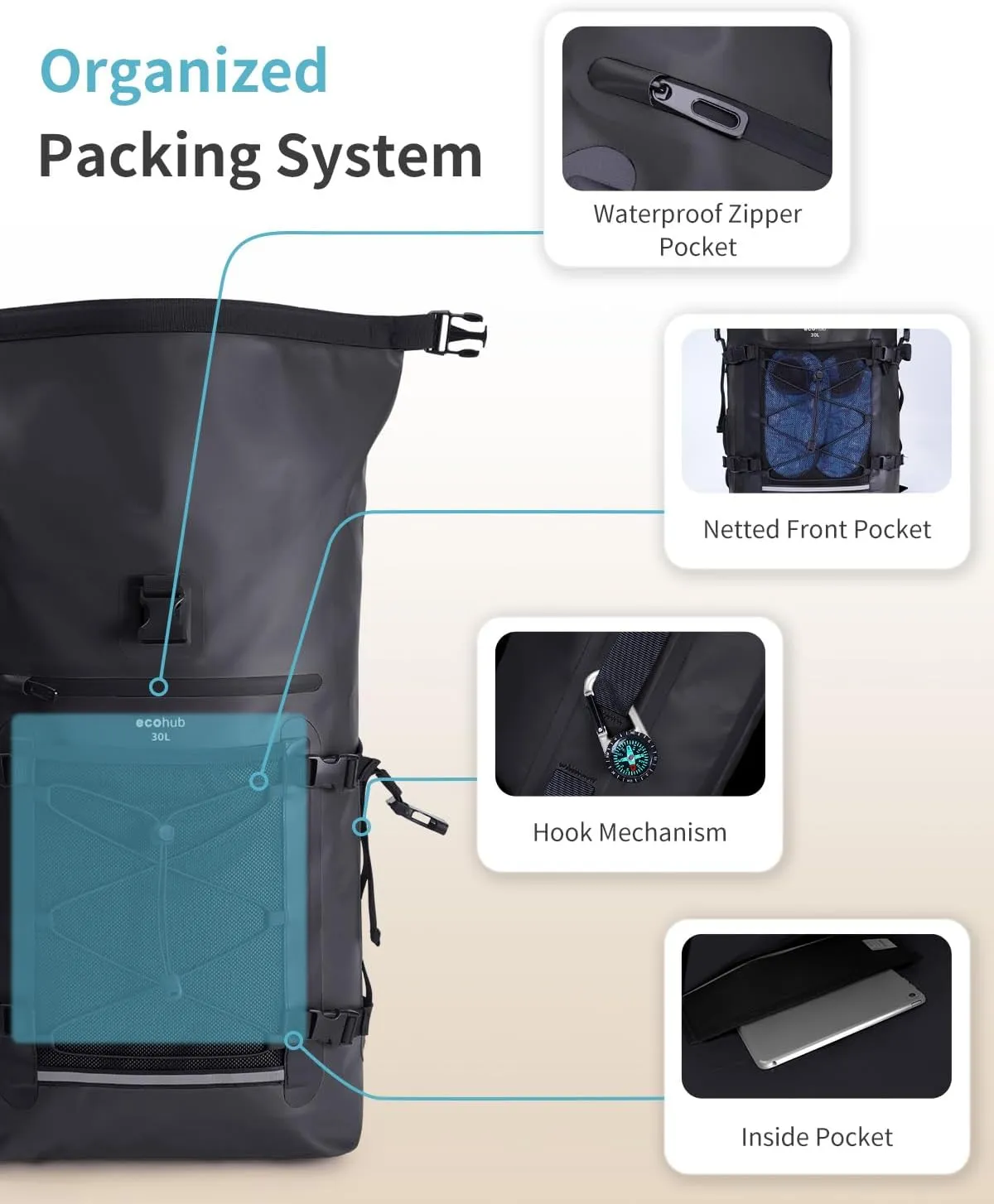 ECOHUB Waterproof Backpack for Women Men, 30L Roll-Top Closure Heavy Duty Dry Bag for Travel Kayaking Boating Hiking Floating with IPX8 Waterproof Phone Case (Black)