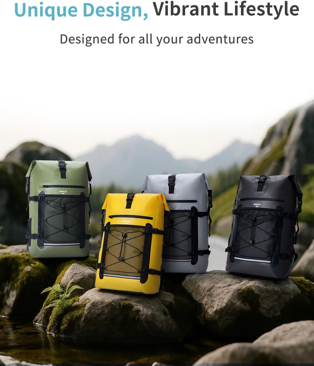 ECOHUB Waterproof Backpack for Women Men, 30L Roll-Top Closure Heavy Duty Dry Bag for Travel Kayaking Boating Hiking Floating with IPX8 Waterproof Phone Case (Black)