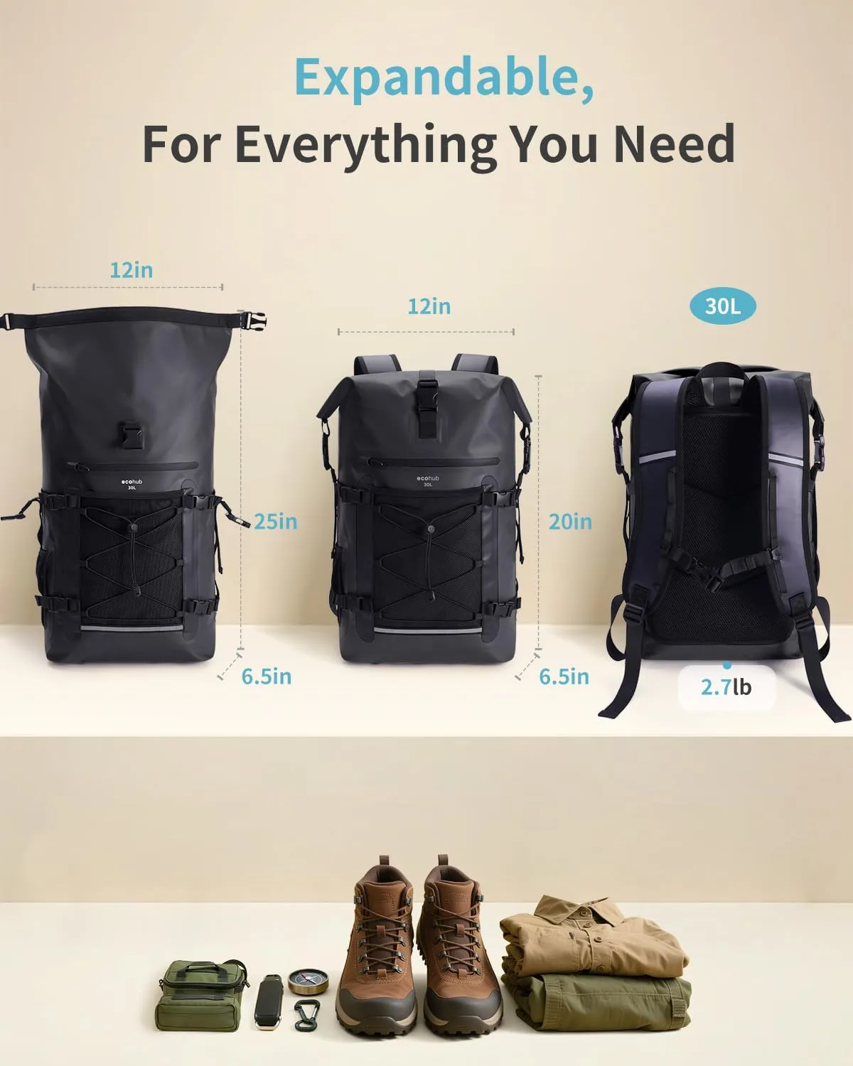 ECOHUB Waterproof Backpack for Women Men, 30L Roll-Top Closure Heavy Duty Dry Bag for Travel Kayaking Boating Hiking Floating with IPX8 Waterproof Phone Case (Black)
