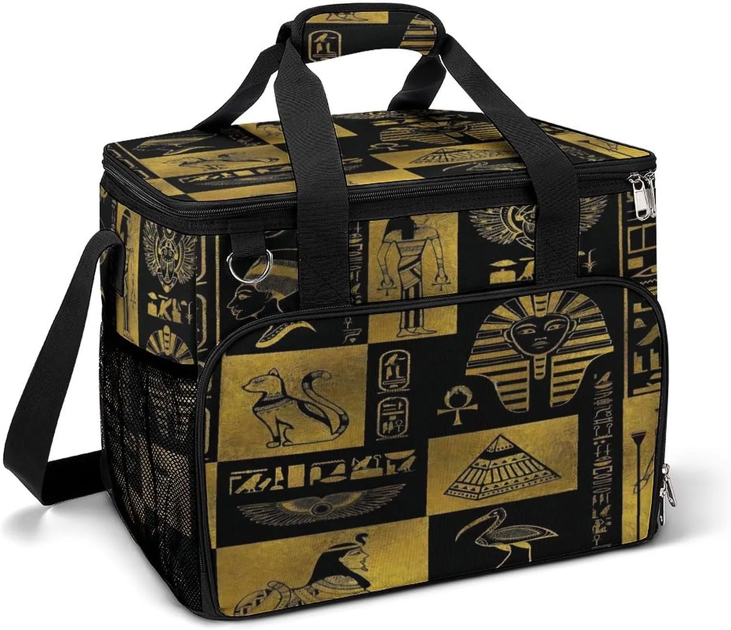 Egyptian Gold Hieroglyphs Symbols Cooler Bag, Collapsible Soft Sided Cooler, Large Leakproof Camping Cooler, Portable Travel Cooler for Camping, Road Trips