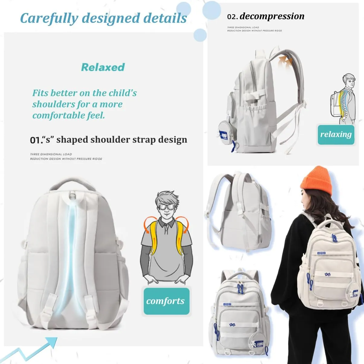 EKUIZAI Large Capacity Backpack for Girls Elementary School bag Middle School Bookbag for Teen Girls-Boys