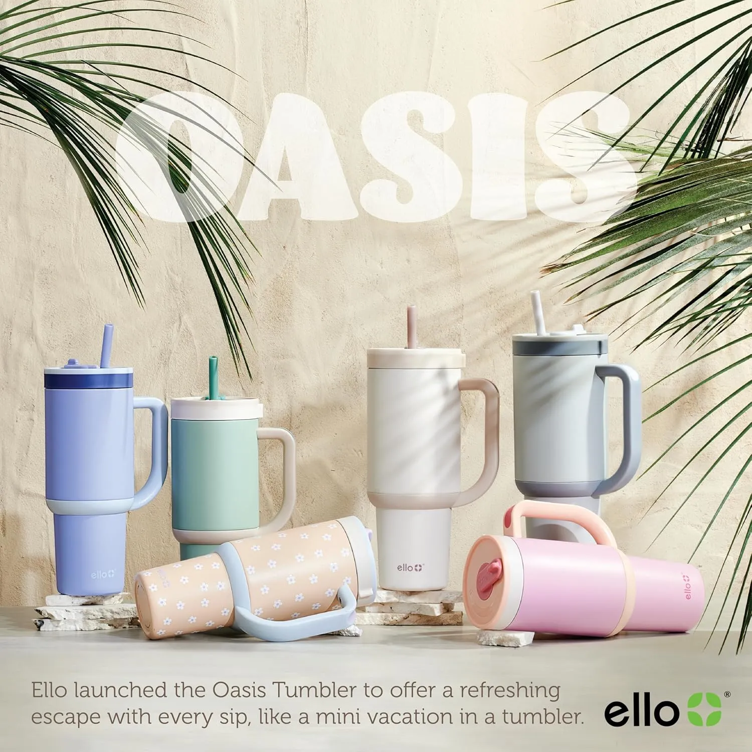Ello Oasis Tumbler with Handle & Retracting Straw | Reusable Insulated Stainless Steel Cup 100% Leakproof, Gifts for Teens Women Men | Keeps cold for 24 Hours, 40oz 30oz Cup Holder Friendly