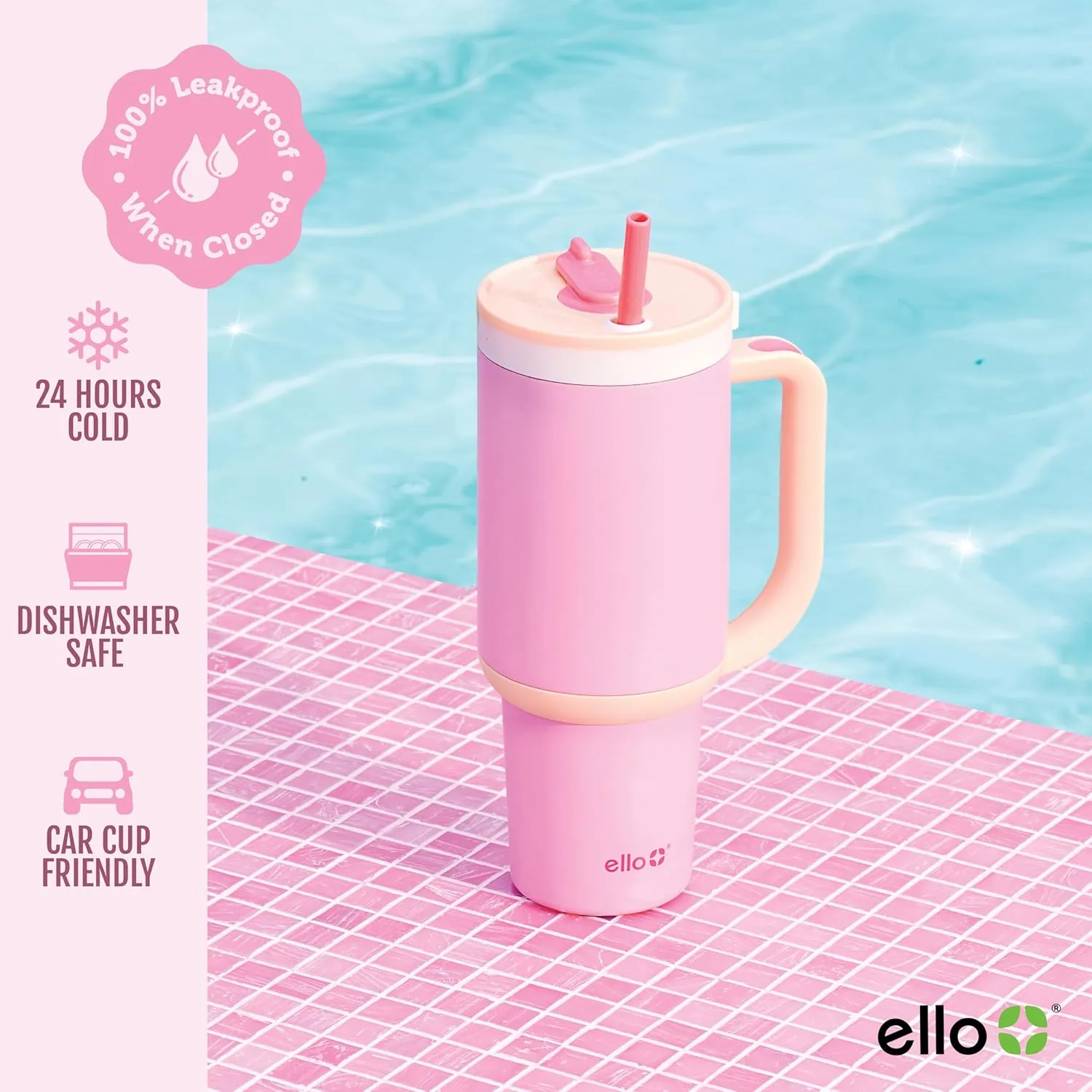 Ello Oasis Tumbler with Handle & Retracting Straw | Reusable Insulated Stainless Steel Cup 100% Leakproof, Gifts for Teens Women Men | Keeps cold for 24 Hours, 40oz 30oz Cup Holder Friendly