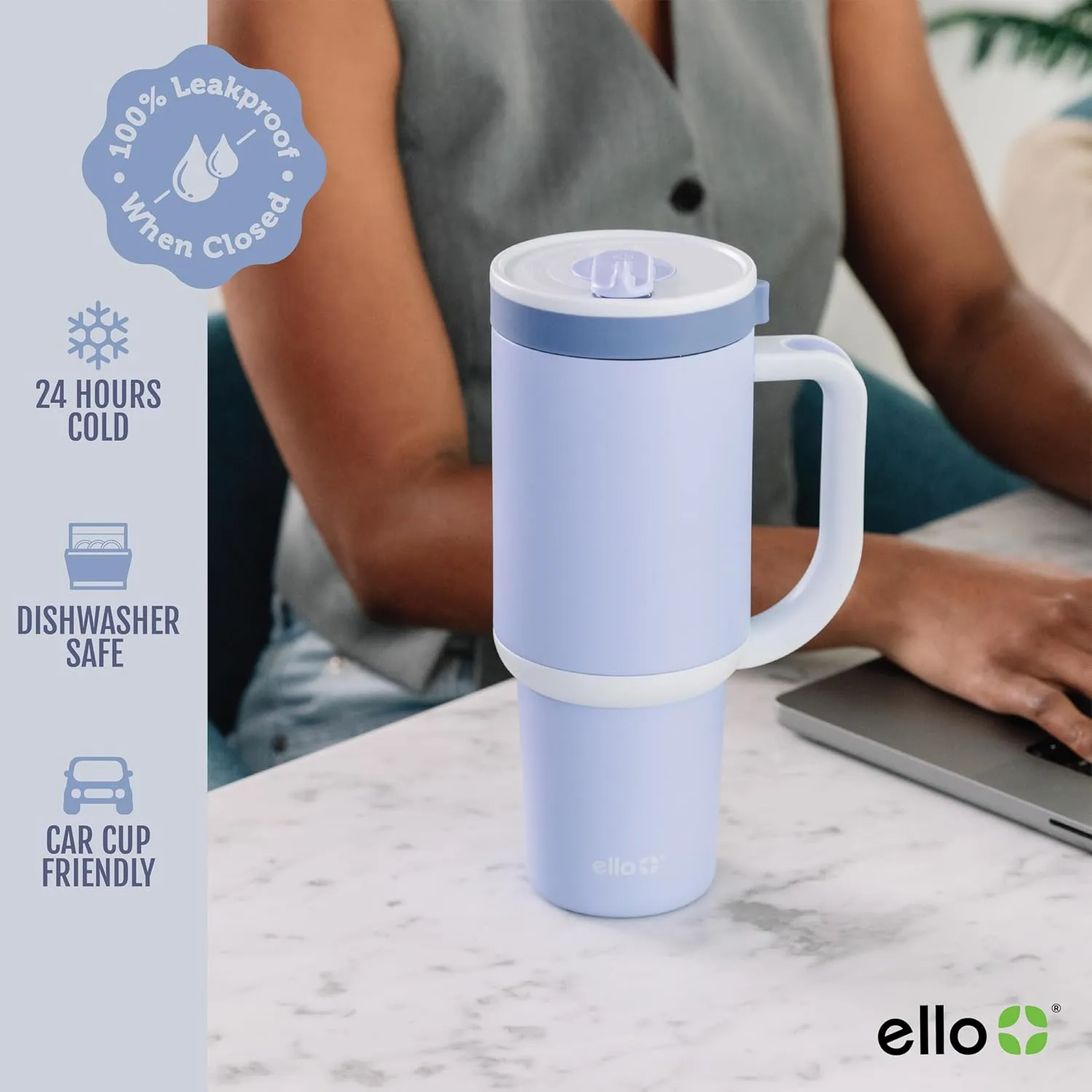 Ello Oasis Tumbler with Handle & Retracting Straw | Reusable Insulated Stainless Steel Cup 100% Leakproof, Gifts for Teens Women Men | Keeps cold for 24 Hours, 40oz 30oz Cup Holder Friendly