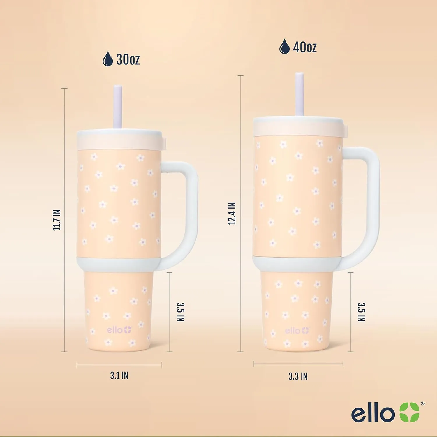 Ello Oasis Tumbler with Handle & Retracting Straw | Reusable Insulated Stainless Steel Cup 100% Leakproof, Gifts for Teens Women Men | Keeps cold for 24 Hours, 40oz 30oz Cup Holder Friendly