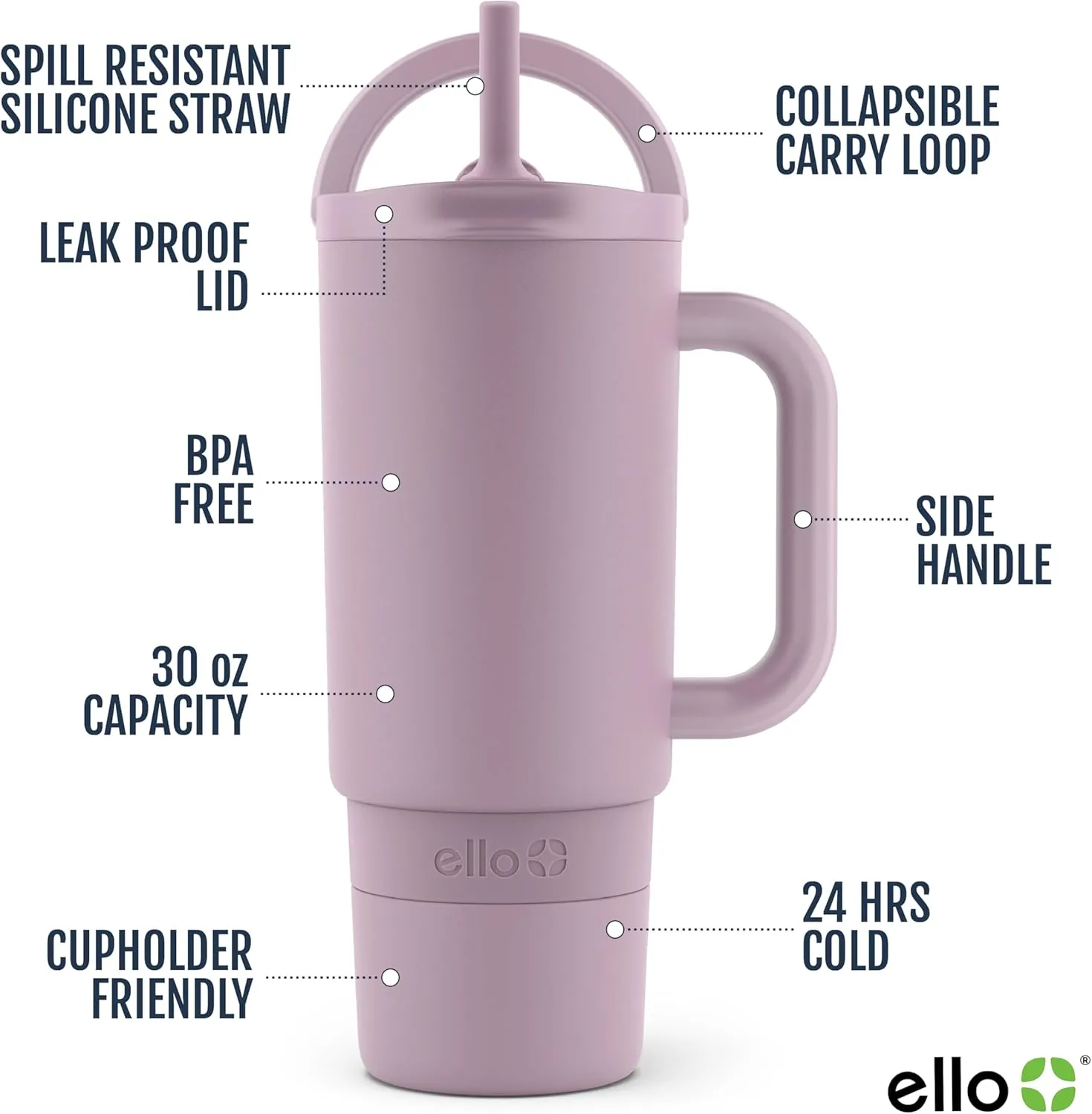 Ello Port 30oz Tumbler with Carry Loop & Integrated Handle | Vacuum Insulated Stainless Steel Reusable Water Bottle Travel Mug | Leak Proof Lid | Flexible Straw | BPA-Free | Dishwasher Safe | Mauve