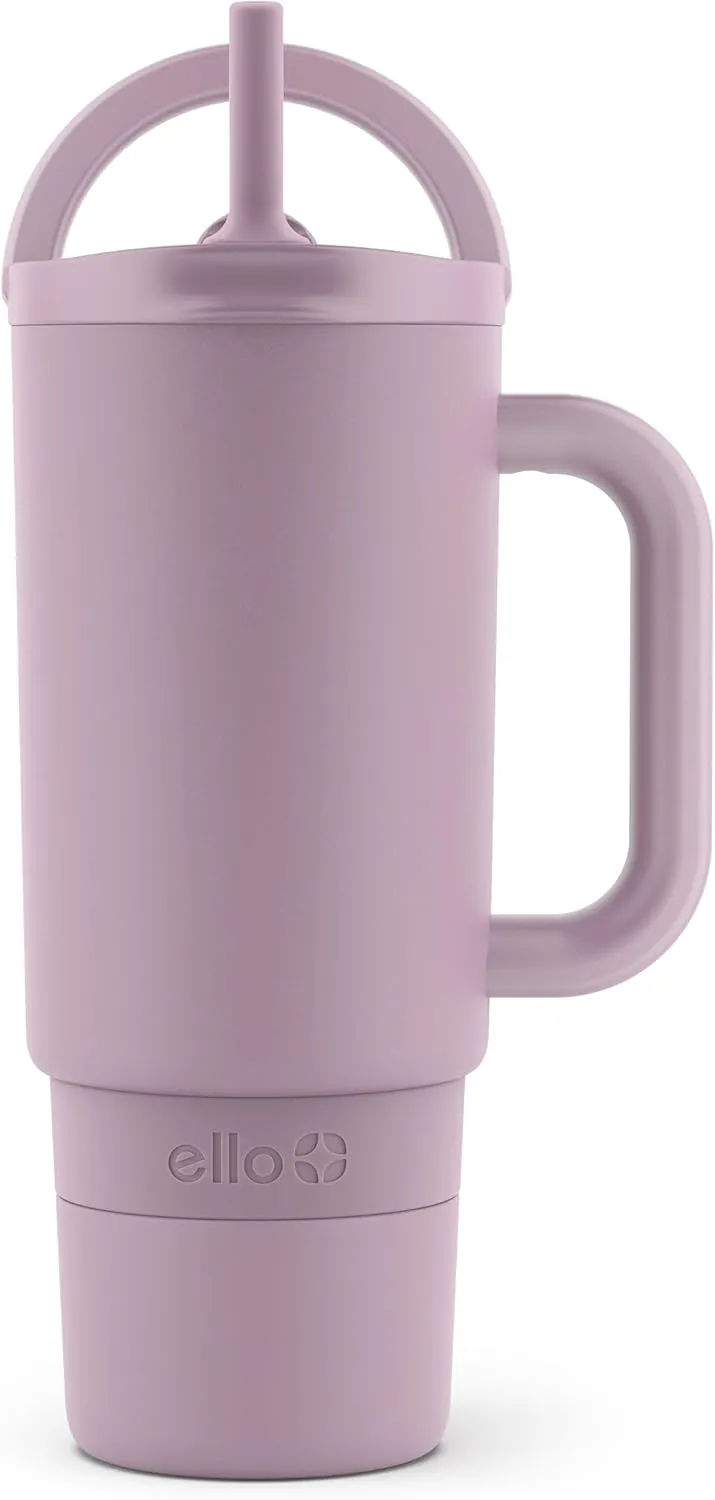 Ello Port 30oz Tumbler with Carry Loop & Integrated Handle | Vacuum Insulated Stainless Steel Reusable Water Bottle Travel Mug | Leak Proof Lid | Flexible Straw | BPA-Free | Dishwasher Safe | Mauve