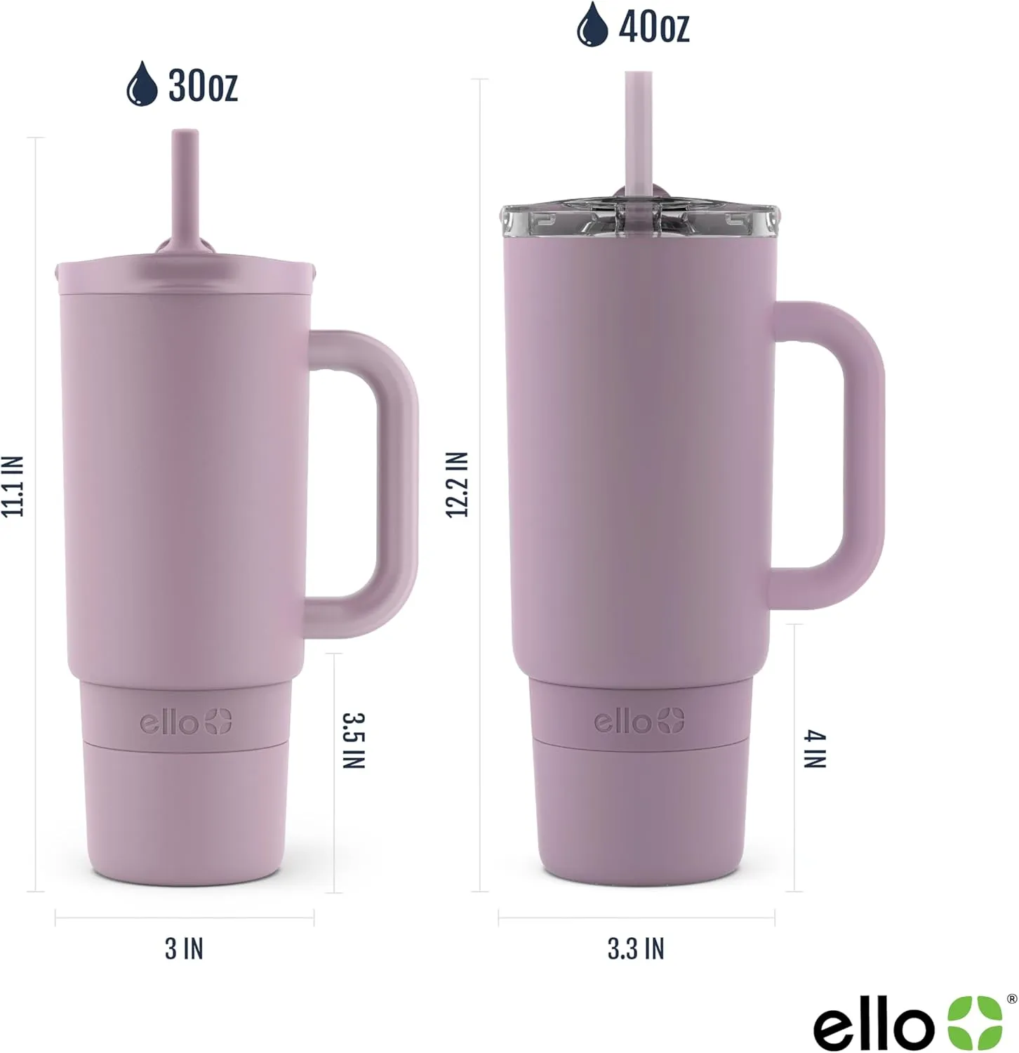 Ello Port 30oz Tumbler with Carry Loop & Integrated Handle | Vacuum Insulated Stainless Steel Reusable Water Bottle Travel Mug | Leak Proof Lid | Flexible Straw | BPA-Free | Dishwasher Safe | Mauve