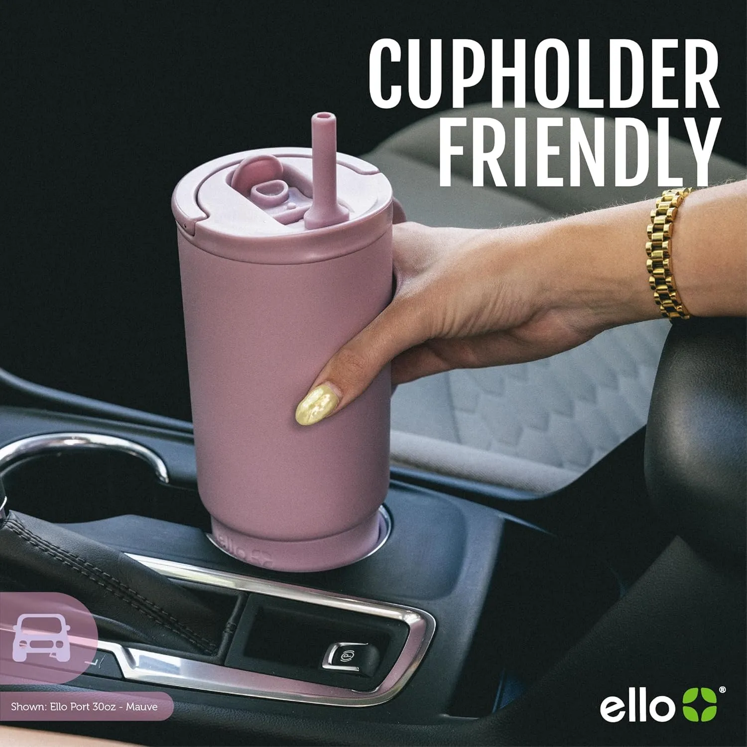 Ello Port 30oz Tumbler with Carry Loop & Integrated Handle | Vacuum Insulated Stainless Steel Reusable Water Bottle Travel Mug | Leak Proof Lid | Flexible Straw | BPA-Free | Dishwasher Safe | Mauve