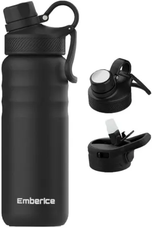 EmberIce double wall Insulated Stainless Steel Water Bottle with Straw, Lid, 12hr Hot and 24hr Cold Drinks, 24 oz (Black, 24 oz)