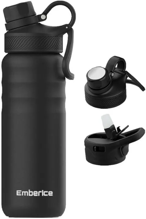 EmberIce double wall Insulated Stainless Steel Water Bottle with Straw, Lid, 12hr Hot and 24hr Cold Drinks, 24 oz (Black, 24 oz)