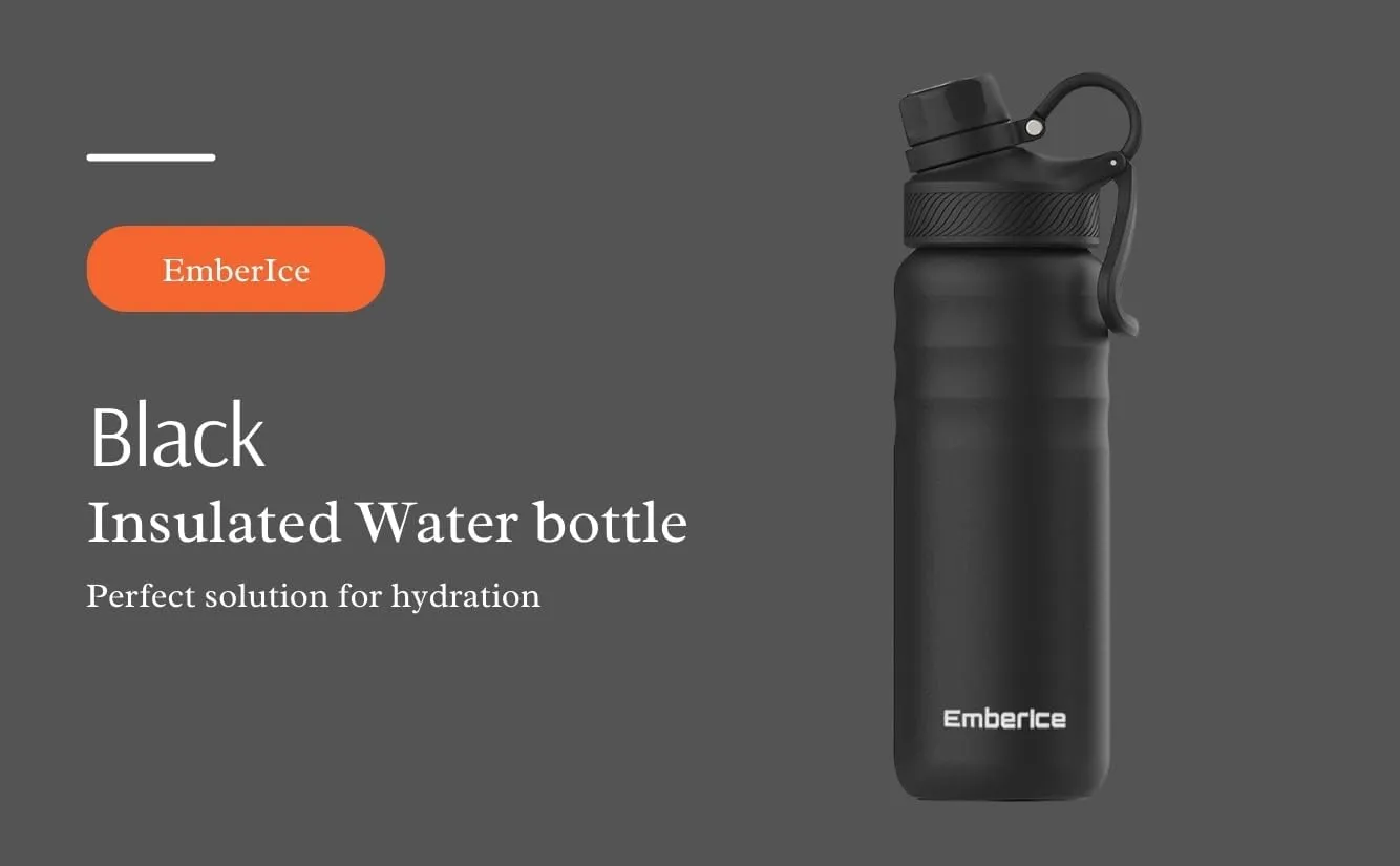 EmberIce double wall Insulated Stainless Steel Water Bottle with Straw, Lid, 12hr Hot and 24hr Cold Drinks, 24 oz (Black, 24 oz)