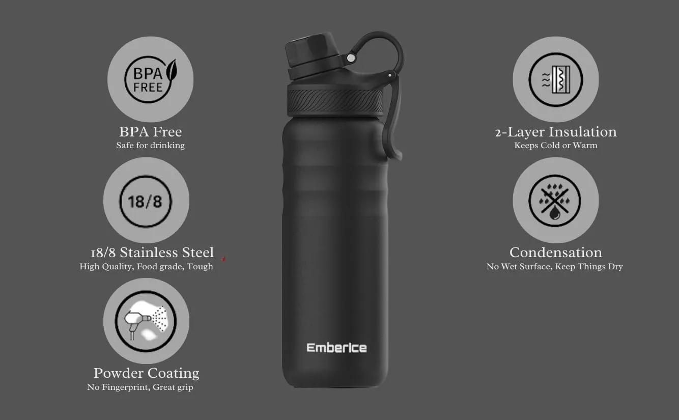 EmberIce double wall Insulated Stainless Steel Water Bottle with Straw, Lid, 12hr Hot and 24hr Cold Drinks, 24 oz (Black, 24 oz)