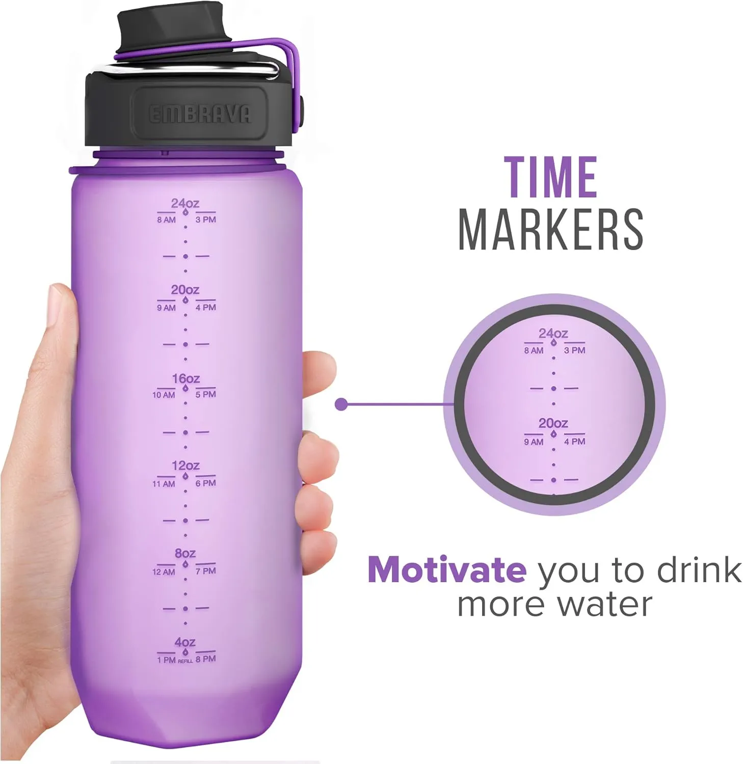 Embrava Time Marker Water Bottle - 24 Oz - with Metal Handle, Secure Leakproof Lid for Sports, Outdoors, Fitness and Travel - Fast Flow Drink Spout, Lanyard with Clip