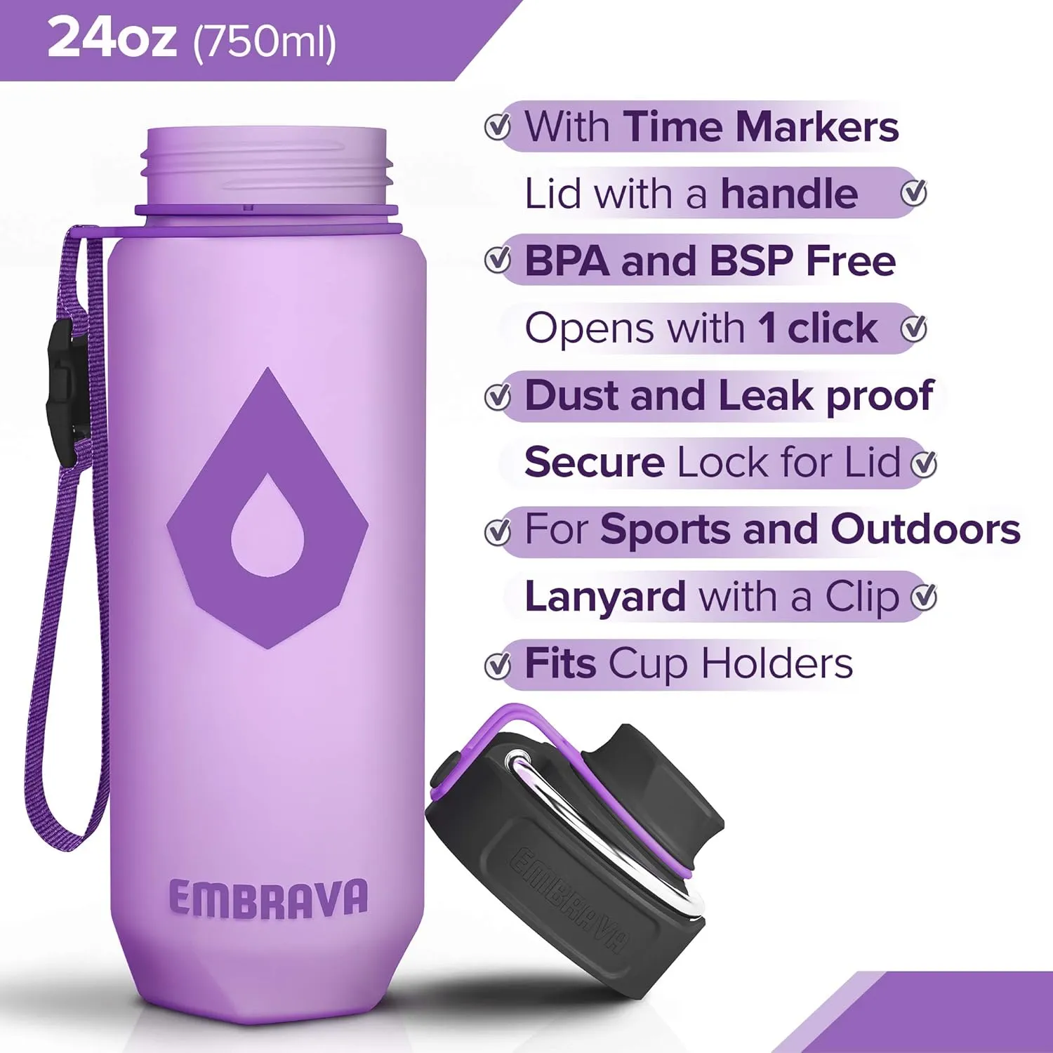 Embrava Time Marker Water Bottle - 24 Oz - with Metal Handle, Secure Leakproof Lid for Sports, Outdoors, Fitness and Travel - Fast Flow Drink Spout, Lanyard with Clip