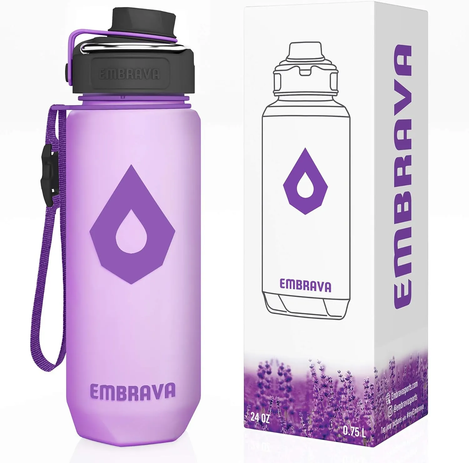 Embrava Time Marker Water Bottle - 24 Oz - with Metal Handle, Secure Leakproof Lid for Sports, Outdoors, Fitness and Travel - Fast Flow Drink Spout, Lanyard with Clip