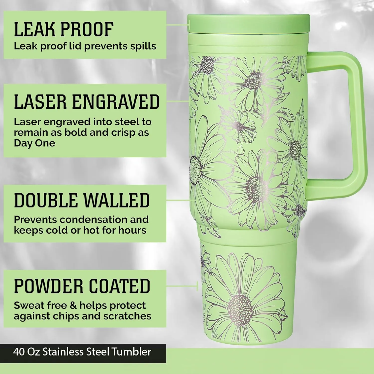 Engraved Daisy 40oz Insulated Tumbler with Handle, Lid & Straw - Use for Water, Tea, Coffee & More-Disabled USMC Vet Owned Small Business