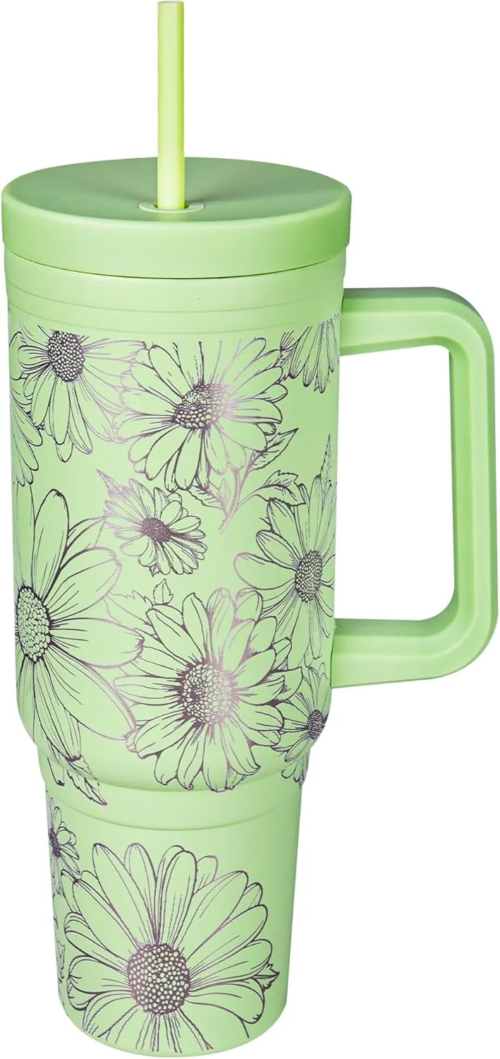Engraved Daisy 40oz Insulated Tumbler with Handle, Lid & Straw - Use for Water, Tea, Coffee & More-Disabled USMC Vet Owned Small Business